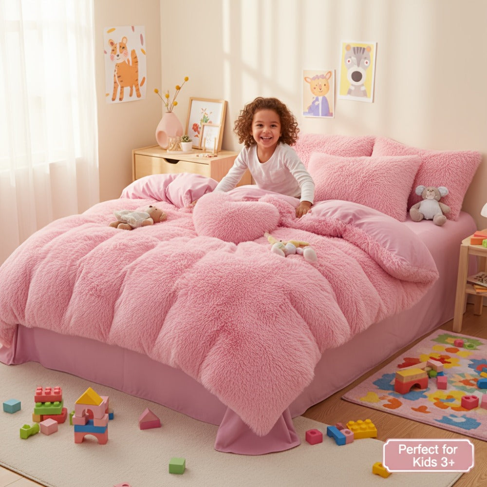 Faux Fur Duvet Cover Set Twin Queen King Super Soft Plush Comforter Cover with Pillowcases Heart Pillow for Kids Teens Machine Washable Bedroom Decor
