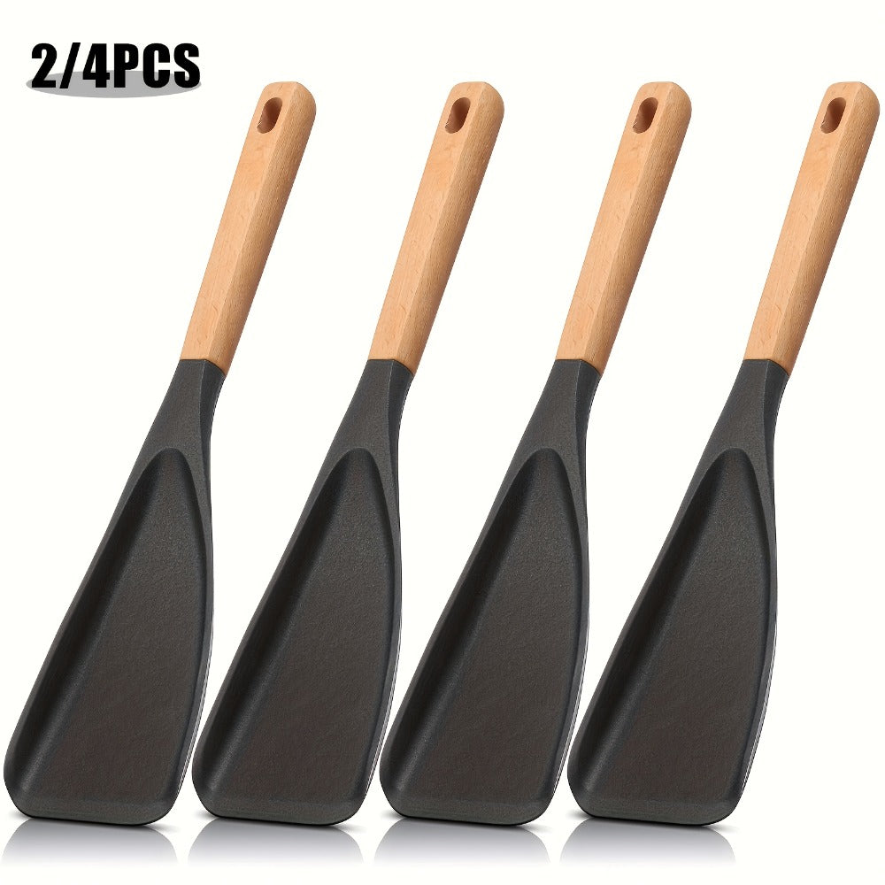 Silicone Kitchen Utensil Set 2/4 Pcs ¨C 12-Inch Wood Handle Cooking Tools with Stay-Cool Grip for Frying, Baking, Mixing & Serving, Non-Stick Cookware Safe Spatula & Spoon Kit