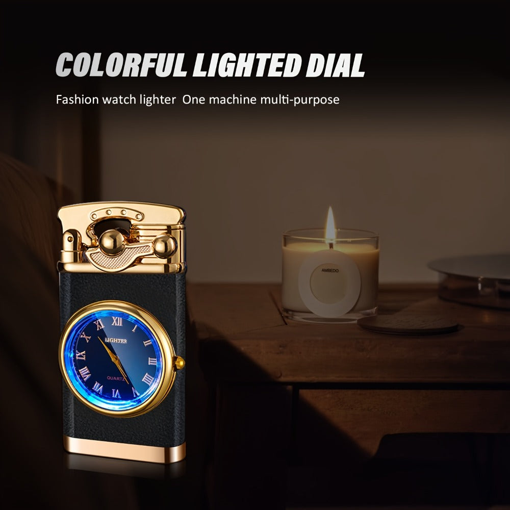 Vintage Rocker Butane Lighter Blue Double Flame Windproof - Multi-Function Dial, Adjustable Flame, Indoor & Outdoor | Gift for Dad & Boyfriend | Butane Not Included