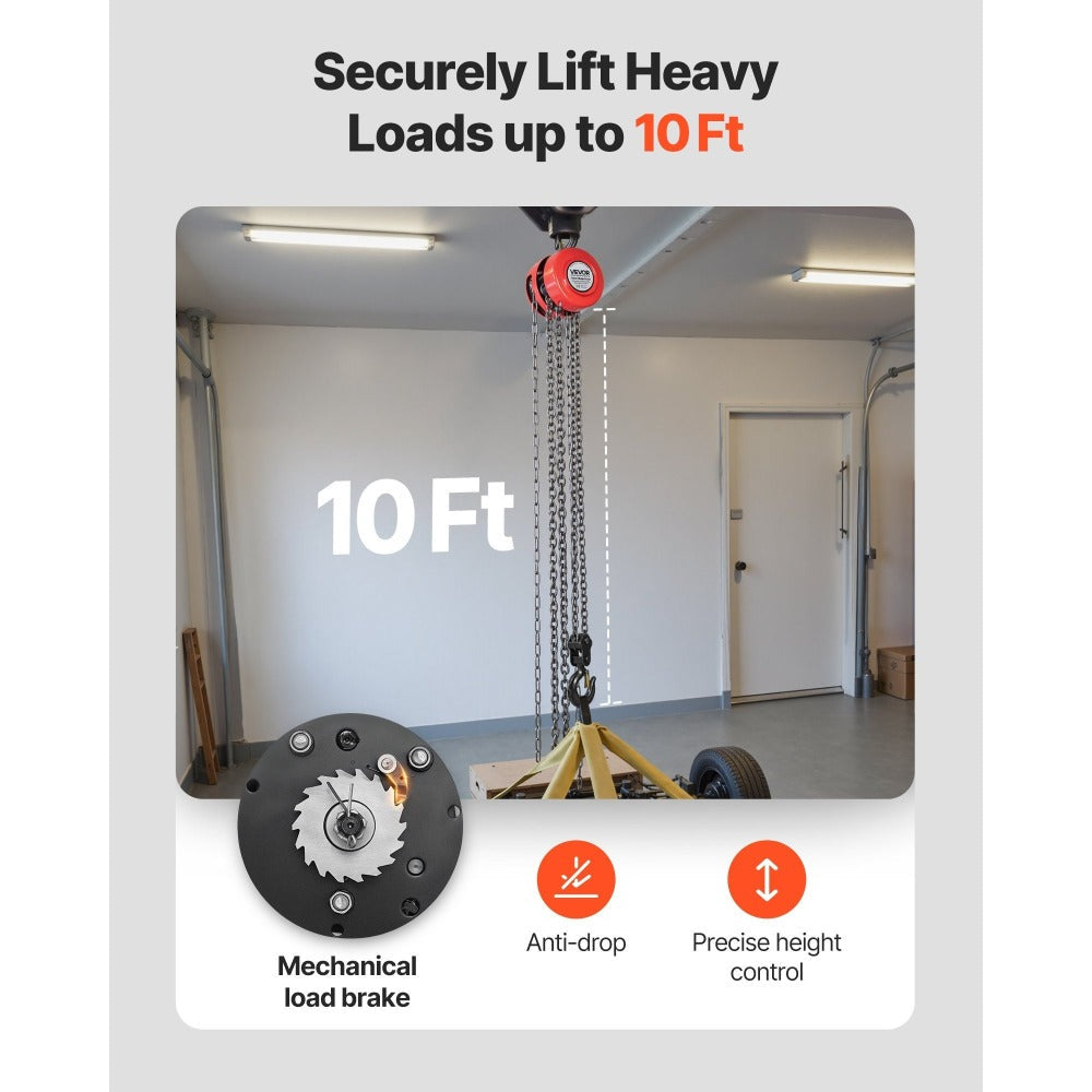 Hand Chain Hoist 2200 lb / 4400 lb Manual Chain Block with G70 Chain ¨C 8 ft / 10 ft / 20 ft Lift Height, 360¡ã Rotating Hooks, Security Brake, for Garage, Construction & Warehouse Lifting