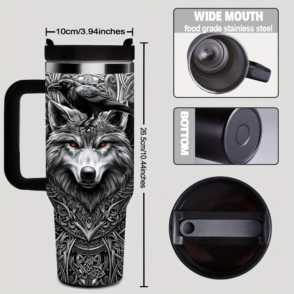 40oz Viking Tumbler with Handle - Wolf Raven Norse Mythology Celtic Knot Stainless Steel Insulated Travel Mug, Viking Gift for Men Women, Coffee Mug for Viking Lovers, Norse Mythology Gift