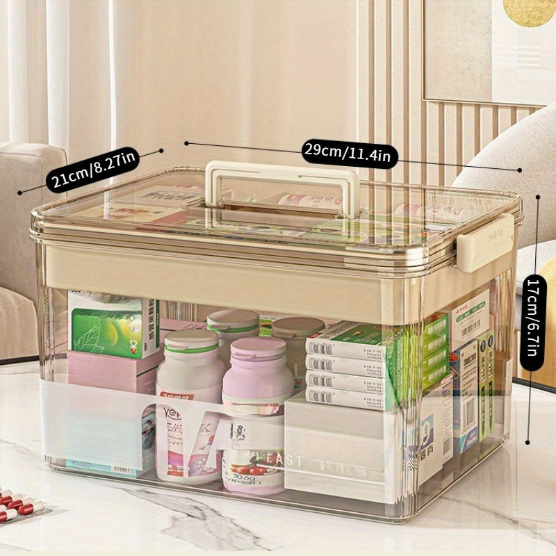 Medicine Storage Box with Handle, Multi-Layer Transparent Plastic Pill Organizer Cabinet, Portable Home Medicine Chest for Bedroom Bathroom Office Desk, Spacious Drug & First Aid Supply Organizer