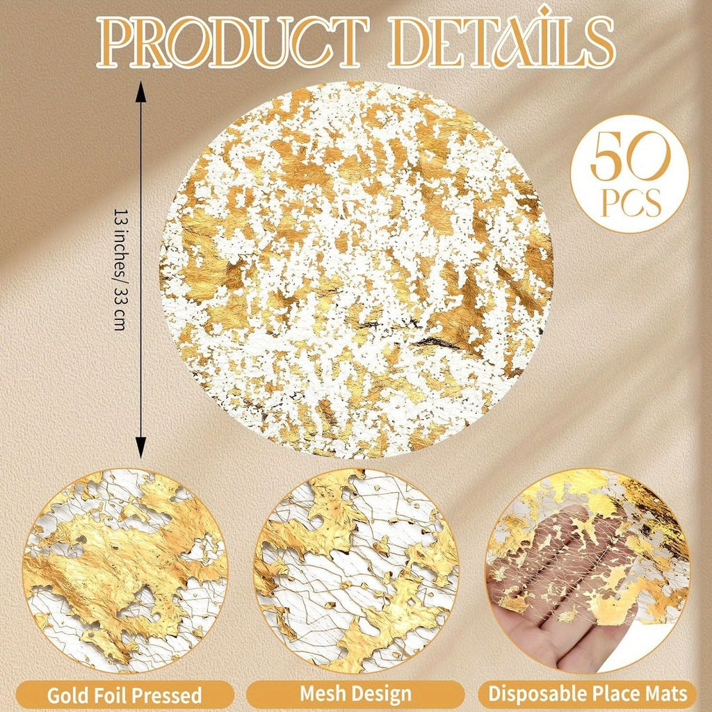 Golden Foil Round Placemats Disposable Table Doilies 50/100pcs ¨C Elegant Mesh Table Pad for Dining, Party & Home Decor