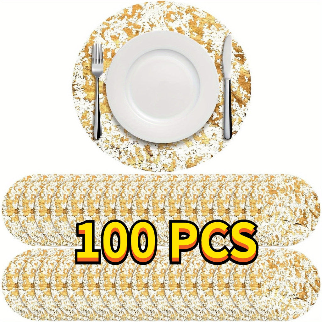Golden Foil Round Placemats Disposable Table Doilies 50/100pcs ¨C Elegant Mesh Table Pad for Dining, Party & Home Decor