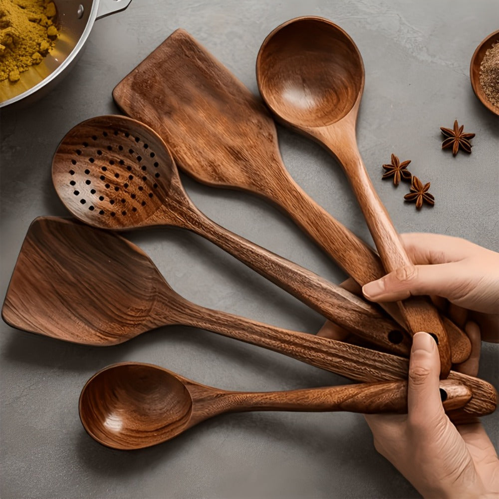 Wooden Kitchen Utensils Set ¨C Natural Wood Spoon Spatula & Wok Spatula with Ergonomic Handle, Heat-Resistant Non-Stick Safe Cooking Tools, Easy to Clean Durable Kitchen Essentials (5 / 6 / 10 Piece Sets)