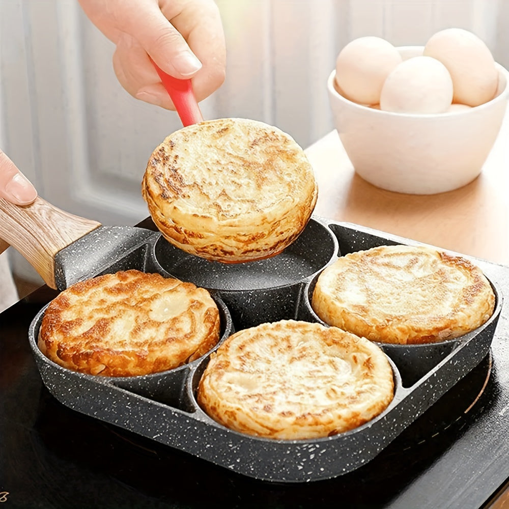 Non-Stick Egg Pan 4-Hole Aluminum Frying Pan for Omelette Eggs Dumplings Takoyaki Induction Compatible Multi-Portion Breakfast Skillet
