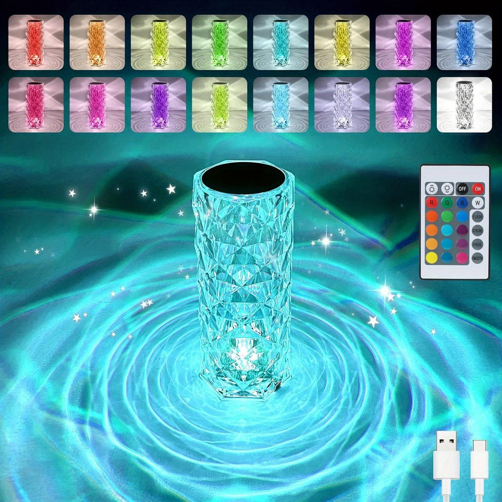 Crystal Diamond Rose Table Lamp RGB LED ¨C Remote & Touch Control Dimmable USB Rechargeable Uplight for Home, Office, Dating & Parties, Perfect Gift for Women & Couples