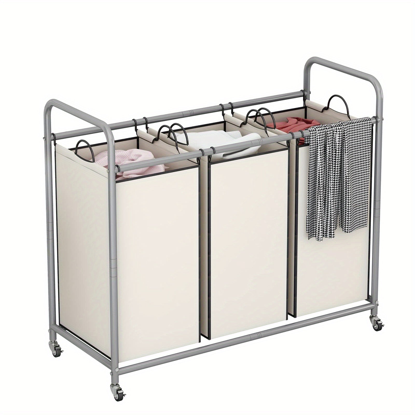 3-Bag Laundry Sorter Cart 63.4 Gallon ¨C Rolling Hamper with Lockable Wheels & Removable Bags, Heavy-Duty Fabric Laundry Basket for Bedroom & Laundry Room, Black Gray Beige Brown