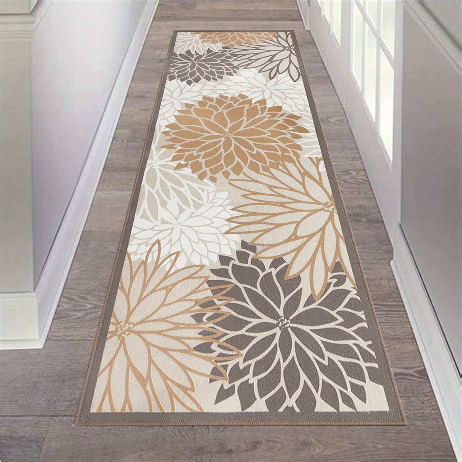 Floral Medallion Runner Rug Non-Slip Machine Washable ¨C Low-Profile Hallway Carpet for Entryway, Laundry Room & Bathroom ¨C Brown & Grey, 2x6, 2x8, 2x10 Ft