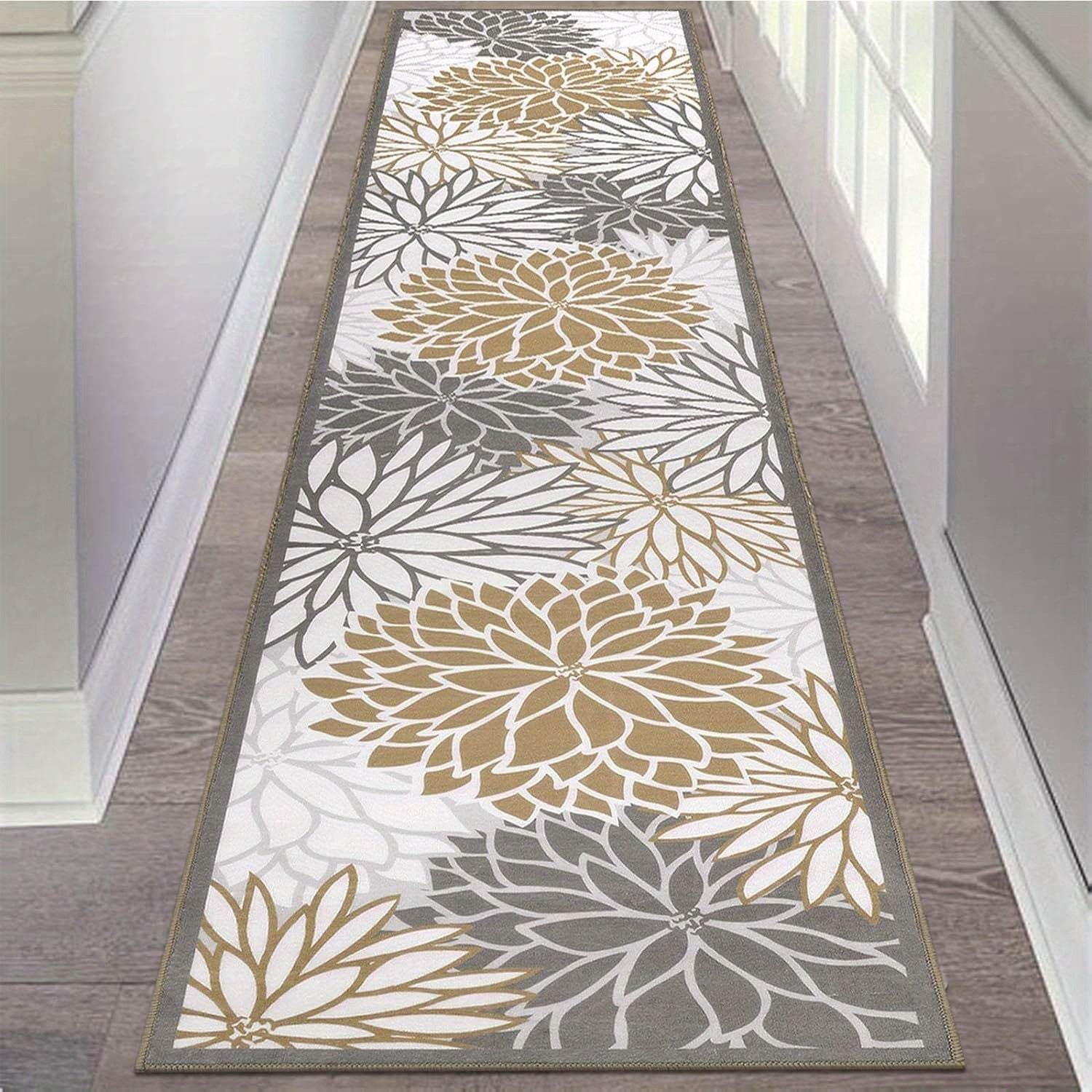 Floral Medallion Runner Rug Non-Slip Machine Washable ¨C Low-Profile Hallway Carpet for Entryway, Laundry Room & Bathroom ¨C Brown & Grey, 2x6, 2x8, 2x10 Ft