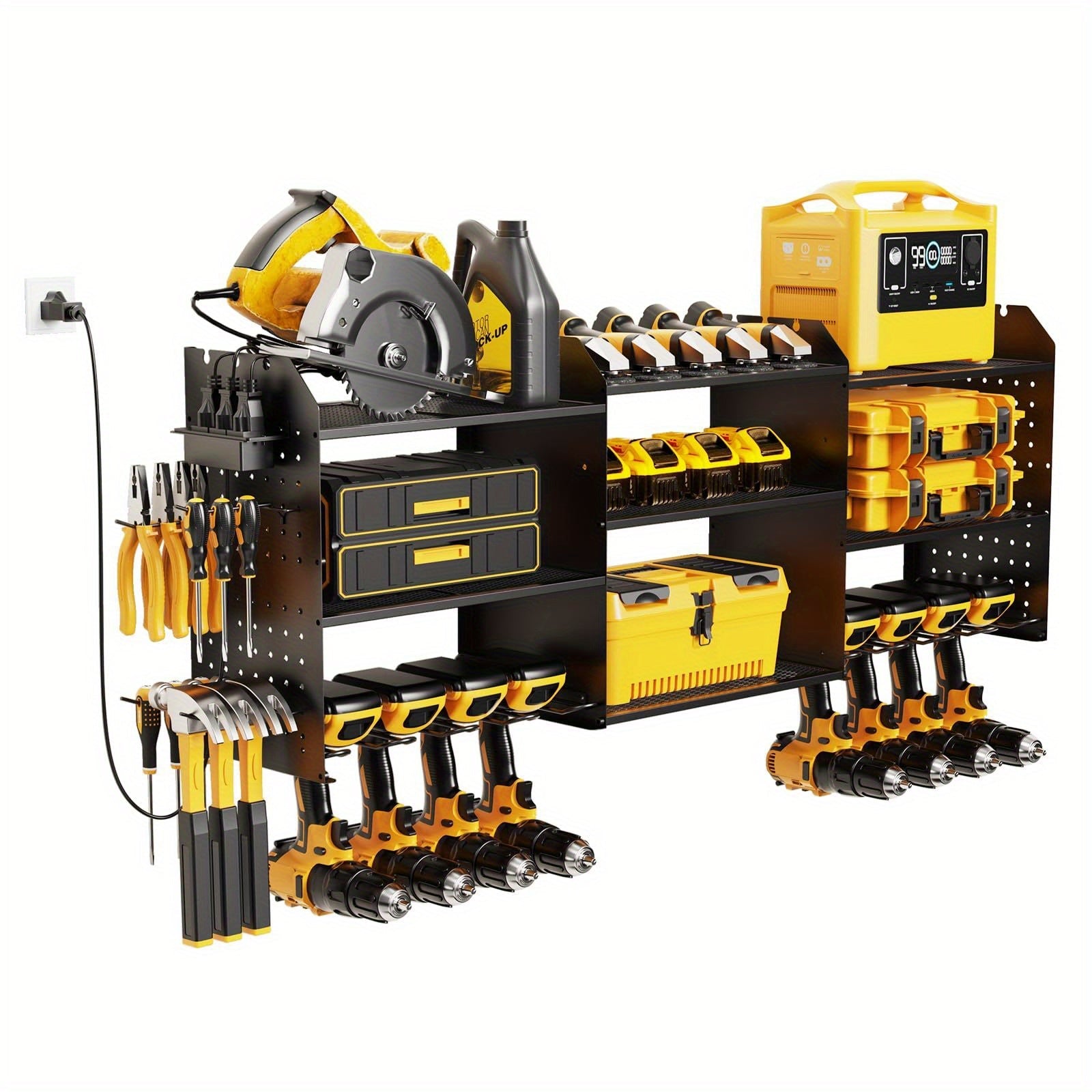 Power Tool Organizer Wall Mount with Charging Station | 3-Layer Cordless Drill Holder Storage Rack 45.5 Inch Heavy Duty ¨C Adjustable Garage Tool Shelf for Workshop & Tool Room