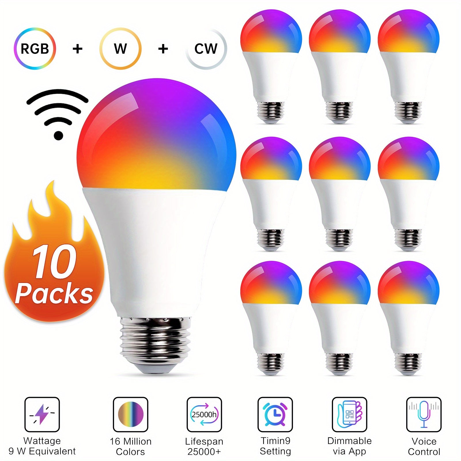 Color Changing Smart Bulbs, RGB+CW A19 E26 WiFi LED Bulb 16 Million Colors 2500K-6500K Dimmable, Works with Alexa Google Home, App Voice Control 29 Scene Modes Timer, 9W 800LM 2.4GHz No Hub Required