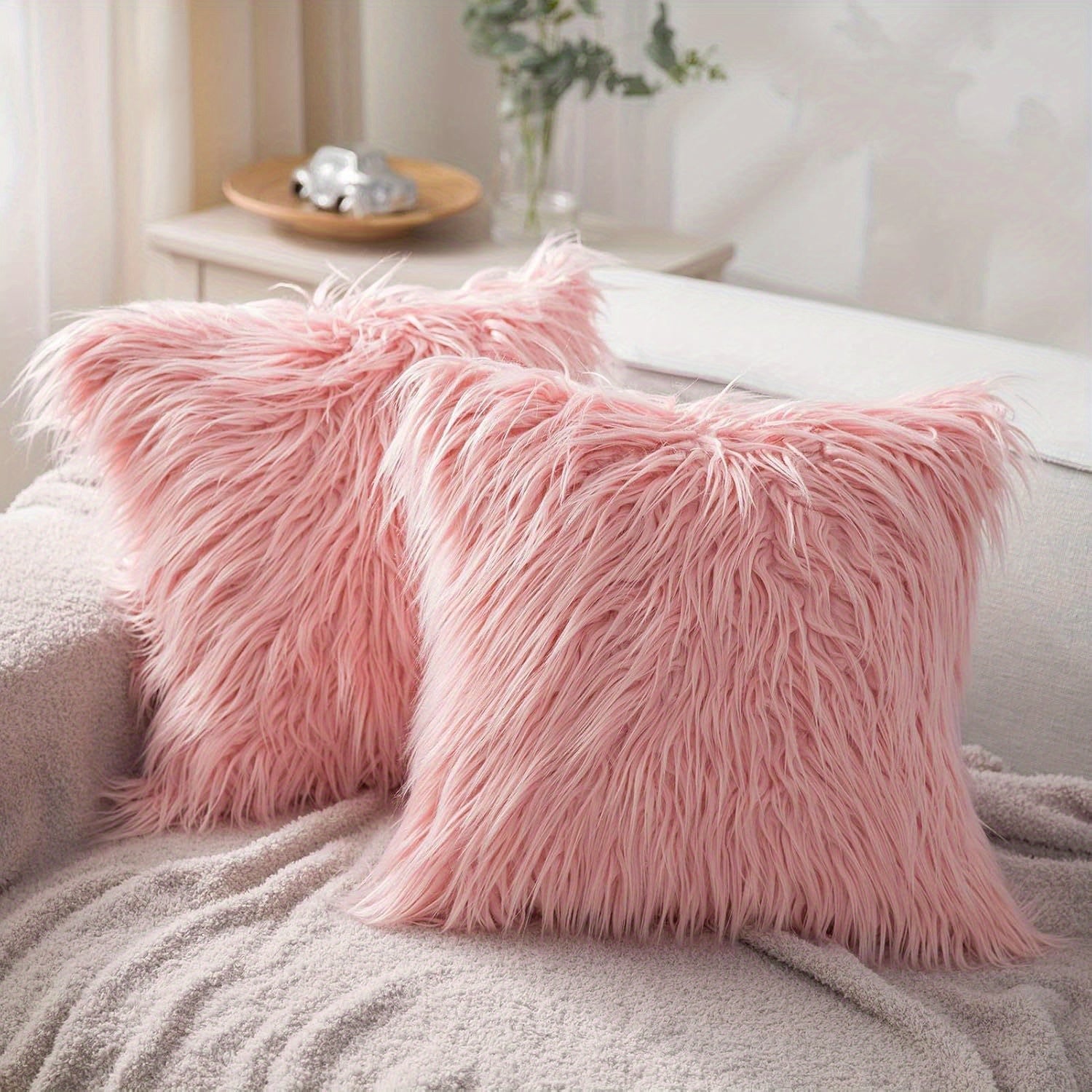 Faux Fur Throw Pillow Covers Pack of 2 ¨C Luxury Soft Fluffy Decorative Cushion Covers for Couch Bed Sofa, Pet Friendly, Zipper Closure