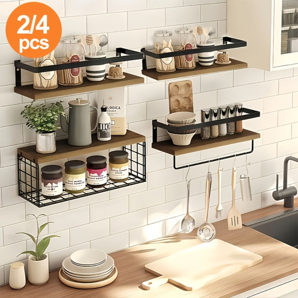 Floating Wall Shelves Set of 2 or 4 Rustic Wood and Iron Wall Mounted Shelf for Living Room Bedroom Kitchen Bathroom, Farmhouse Industrial Hanging Display Shelf for Plants Books Candles Decor