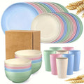 32pcs Wheat Straw Dinnerware Set for 8 - Unbreakable Plastic Plates Bowls Cups Set, Lightweight BPA-Free PP Tableware for Picnic Camping Outdoor, Modern Round Dishware for Home Parties Holiday
