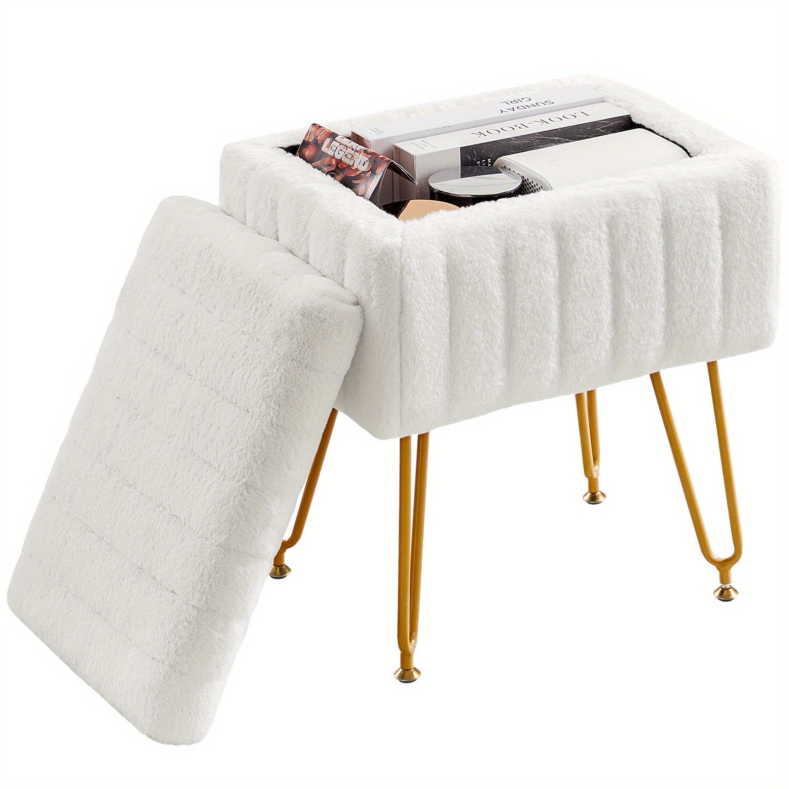 Faux Fur Storage Ottoman Stool ¨C Soft Furry Vanity Seat with Storage, 4 Metal Legs & Non-Slip Feet ¨C Cute Modern Multi-Function Chair for Bedroom, Vanity & Living Room