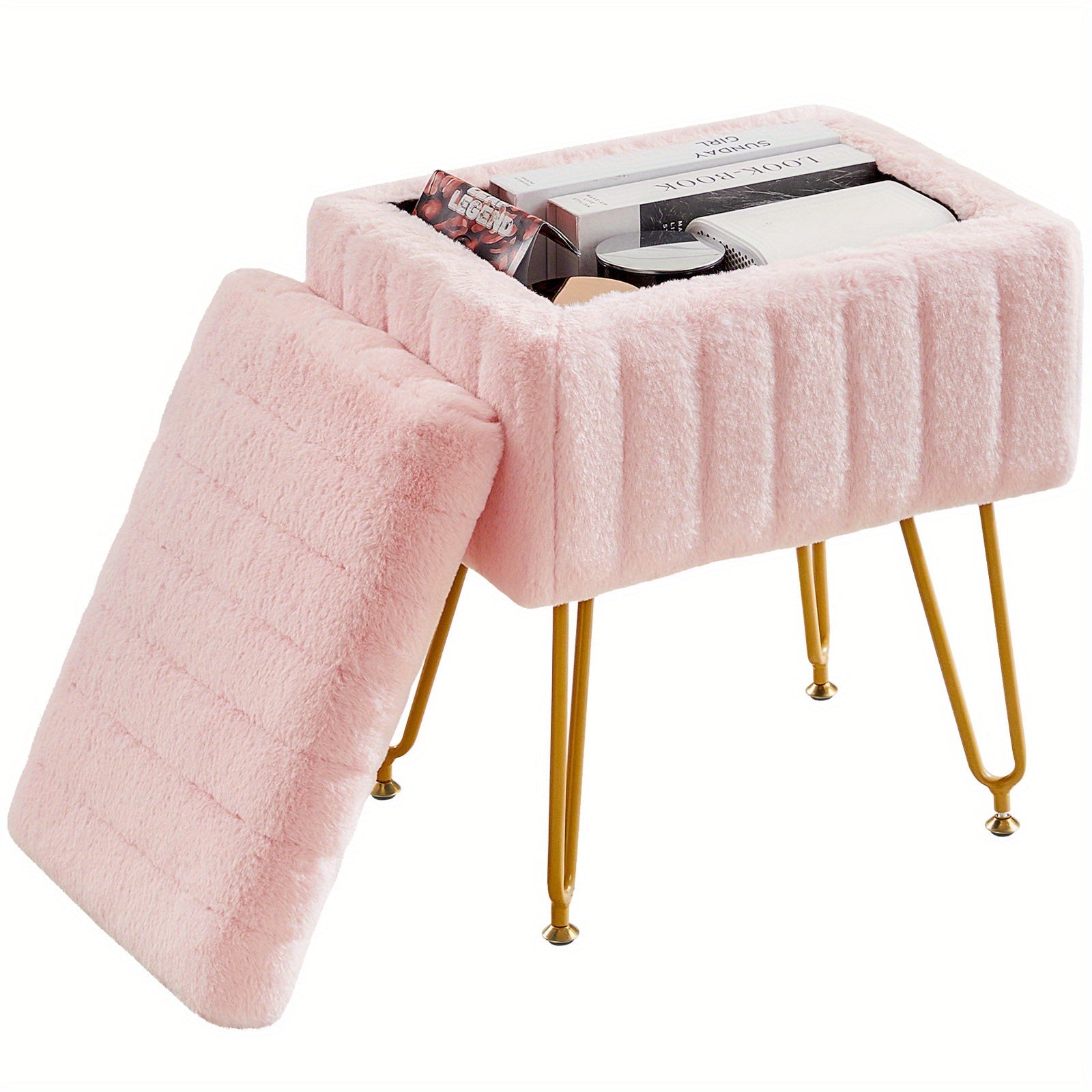 Faux Fur Storage Ottoman Stool ¨C Soft Furry Vanity Seat with Storage, 4 Metal Legs & Non-Slip Feet ¨C Cute Modern Multi-Function Chair for Bedroom, Vanity & Living Room