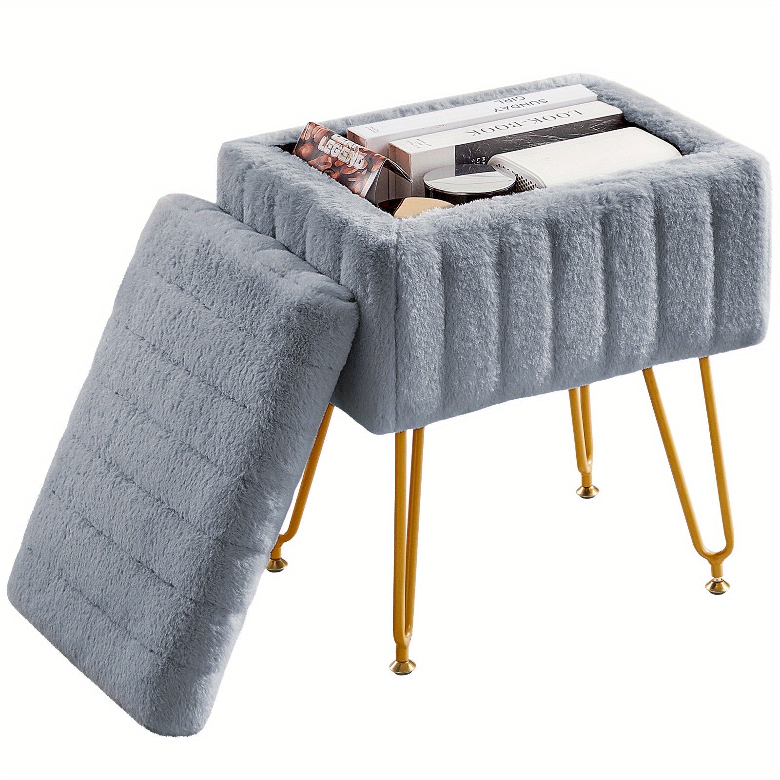 Faux Fur Storage Ottoman Stool ¨C Soft Furry Vanity Seat with Storage, 4 Metal Legs & Non-Slip Feet ¨C Cute Modern Multi-Function Chair for Bedroom, Vanity & Living Room