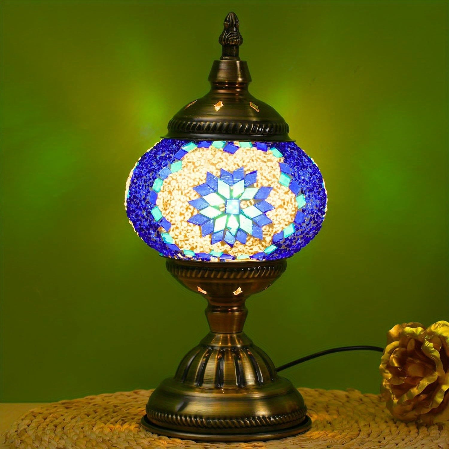 Turkish Moroccan Mosaic Table Lamp Handmade Crystal Glass Spherical Shade 3-Color Adjustable Bedside Night Light Metal Base Bulb Included for Bedroom Living Room Boho Home Decor Gift