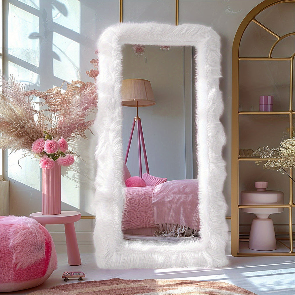 Full Length Mirror with Faux Fur Frame 24x63 Inch Leaning Floor Mirror for Bedroom Living Room Hallway Vanity Dressing Mirror Pink Gray White