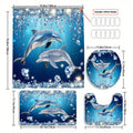 4pcs Dolphin Shower Curtain Set with Non-Slip Bath Mat, Toilet Rug & 12 Hooks ¨C Waterproof Bathroom Decor Gift Set