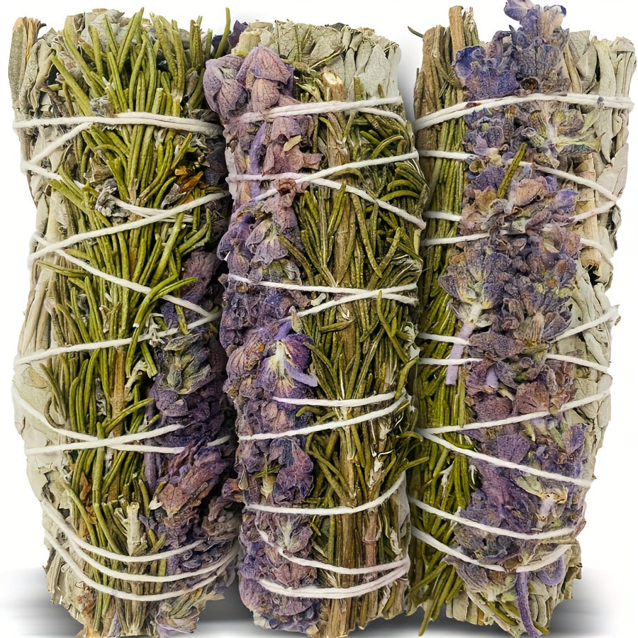 Sage Incense Smudge Bundle Set 3 Pack - White Sage Rosemary Lavender Hand-Bundled Incense Sticks for Home Cleansing Negative Energy Purification Meditation Aromatherapy Spiritual Healing