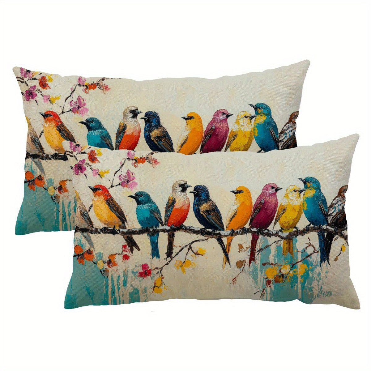 Lumbar Pillow Covers 12x20 Inch Watercolor Bird Pattern - Decorative Linen Throw Pillow Cases Cute Nature Print Zipper Closure | 1pc or 2pcs | Bedroom Living Room Sofa Couch Cushion Cover Home Decor