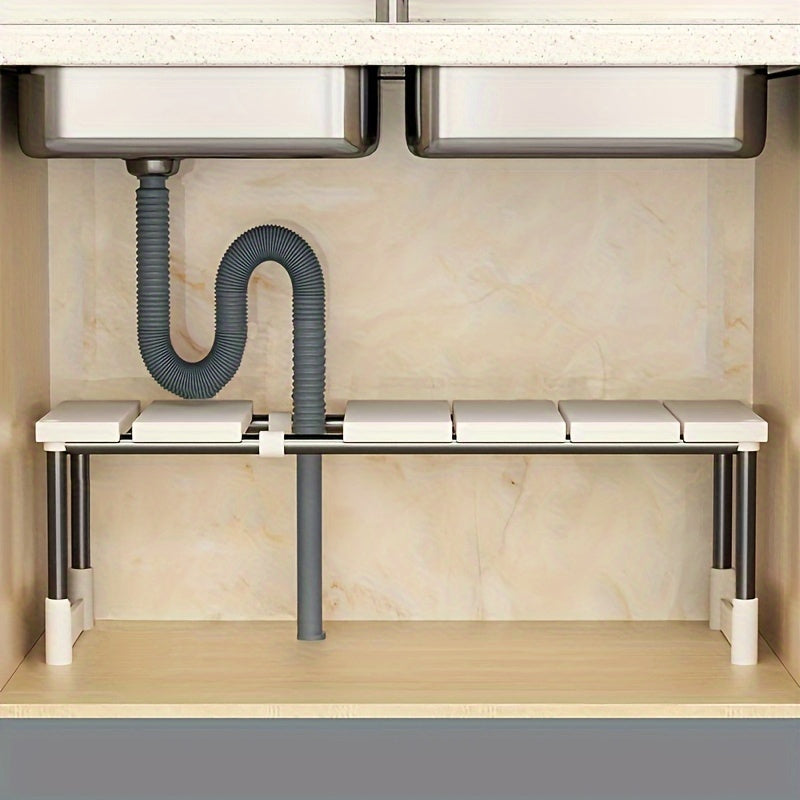 Under Sink Organizer Adjustable - Stainless Steel and Plastic Cabinet Storage Shelf for Kitchen and Bathroom, Space Saving Single Layer Rack for Pots Cleaning Supplies and Toiletries, Multi-Functional Under Cabinet Organizer and Storage