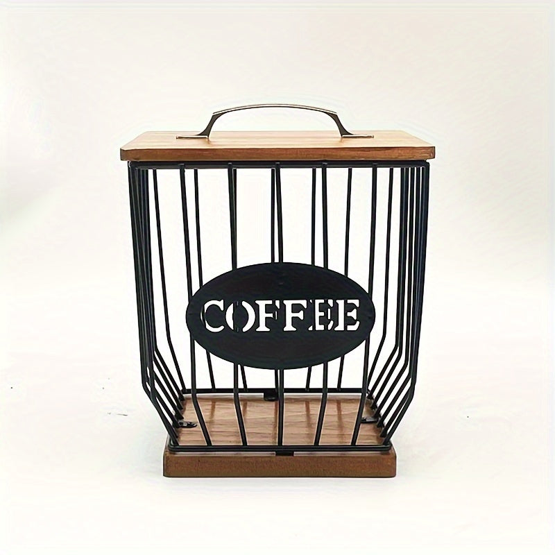K-Cup Coffee Pod Holder Rack with Lid ¨C Large Capacity Black Metal Square Coffee Capsule Storage Organizer with Wooden Base, Modern Coffee Bar Countertop Decoration for Coffee Beans & Capsules ¨C Black