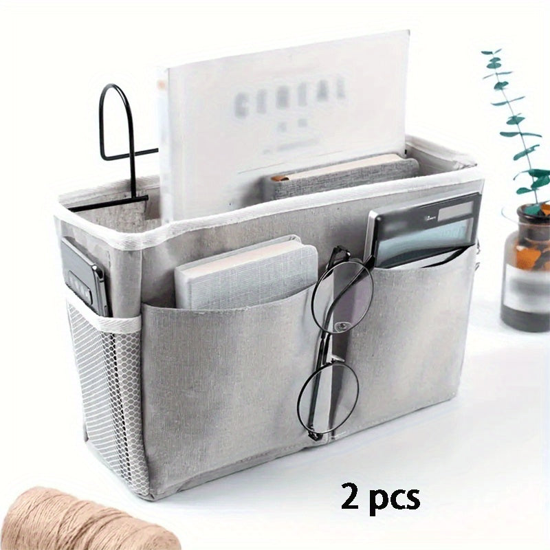 Bedside Hanging Organizer 2Pack Bed Rail Storage Bag - Bunk Bed Dorm Hospital Caddy for Books Magazines Phone Glasses Kettle Bedroom Shelf Basket Gray White