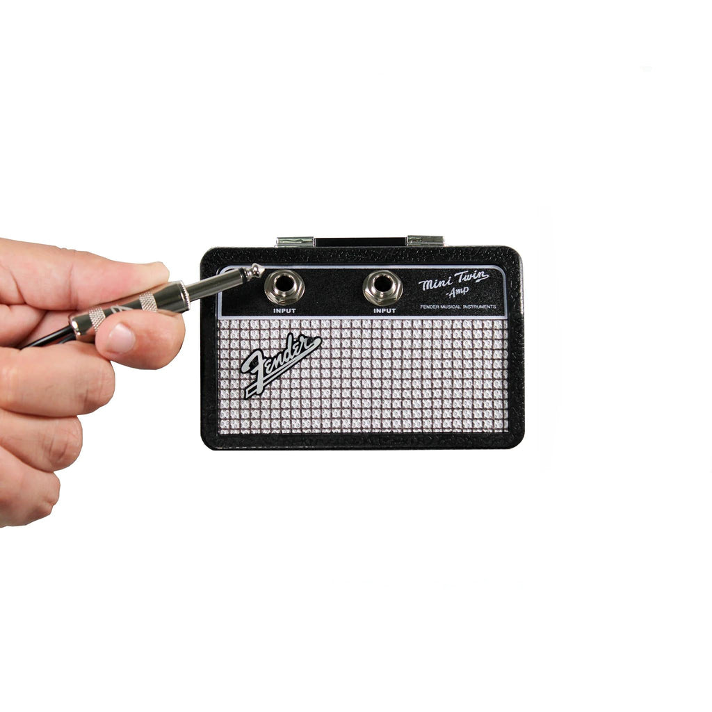 Fender Jack Rack Mini Guitar Amp Key Holder by Pluginz Licensed Wall Mount Keychain Rack with 2 Guitar Plug Keychains Real Amp Grill Cloth Brushed Metal Logo Rockstar Gift for Guitarists Musicians