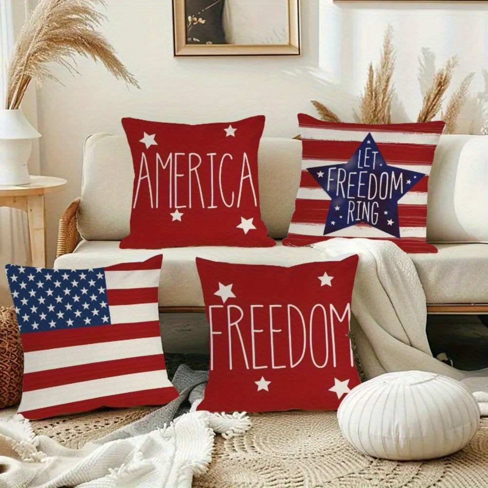 Patriotic Pillowcase Set 4pcs ¨C Stars & Stripes Polyester Pillow Covers, Zipper Closure, Machine Washable, Red White Blue July 4th Independence Day Home Decor