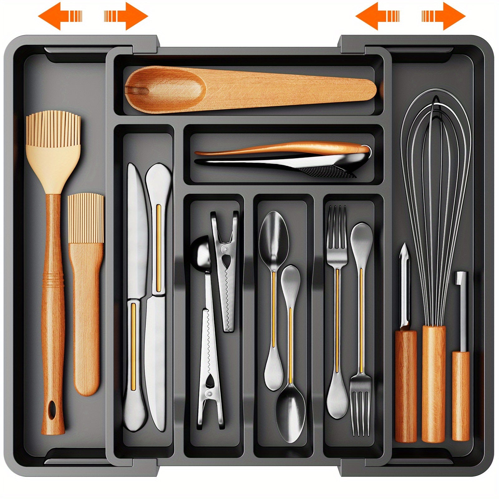 Expandable Cutlery Tray Drawer Organizer Adjustable Silverware Holder with Labels | Kitchen Drawer Organizer for Knives Forks Spoons Utensils | Bamboo & Black Drawer Divider for Kitchen Bedroom Office