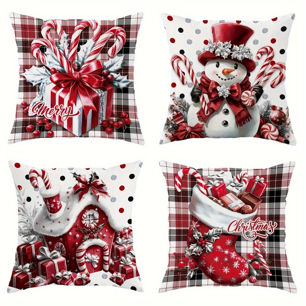 Christmas Throw Pillow Covers 4pcs Set - Snowman Candy Cane Buffalo Plaid Polyester 18x18in Decorative Cushion Covers with Zipper for Holiday Winter Living Room Bedroom Sofa Bed Decor