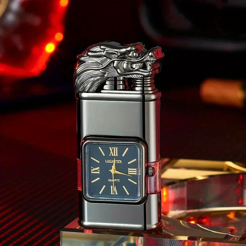 Double Flame Torch Lighter for Men ¨C Windproof Refillable Butane Lighter with Vintage Quartz Dial, Zinc Alloy Body, Gift Box Included, Outdoor Camping BBQ Survival, Unique Engraved Style (Butane Not Included)