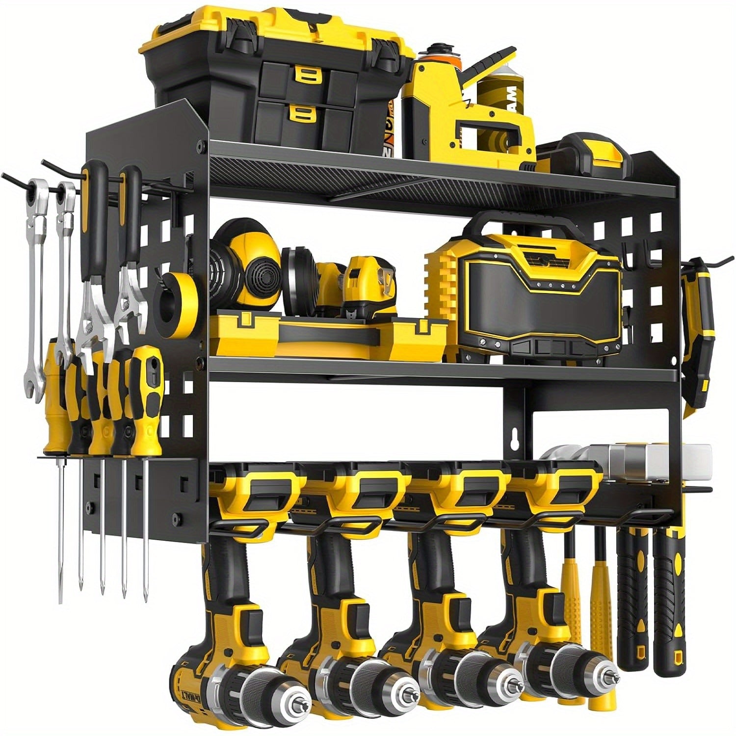 Power Drill Holder Wall Mount ¨C Heavy Duty Tool Storage Rack with 3/4 Layer Floating Shelf | Cordless Drill Organizer | 4/6/8 Drill Holders Workshop Tool Rack for Garage & Workshop Organization