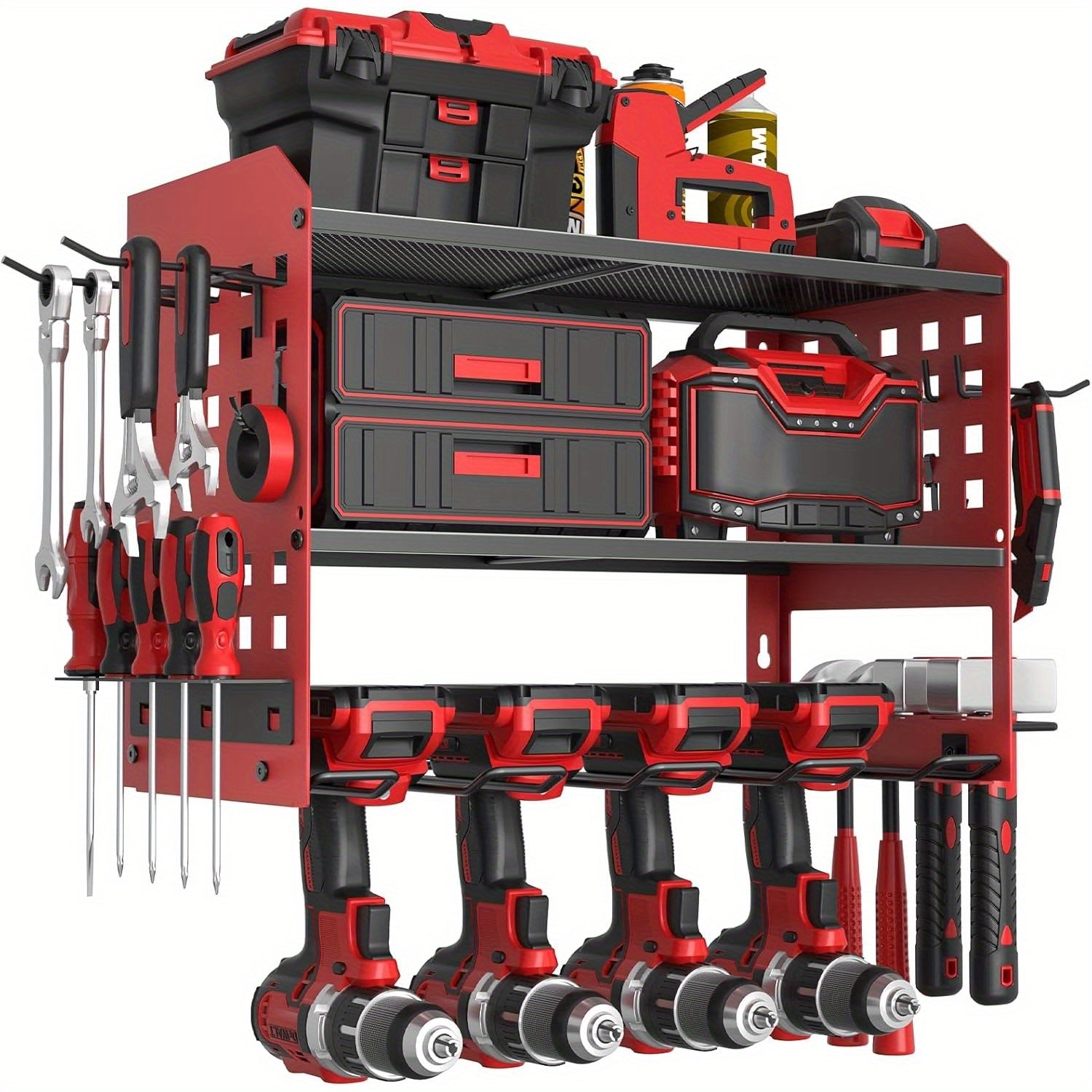 Power Drill Holder Wall Mount ¨C Heavy Duty Tool Storage Rack with 3/4 Layer Floating Shelf | Cordless Drill Organizer | 4/6/8 Drill Holders Workshop Tool Rack for Garage & Workshop Organization