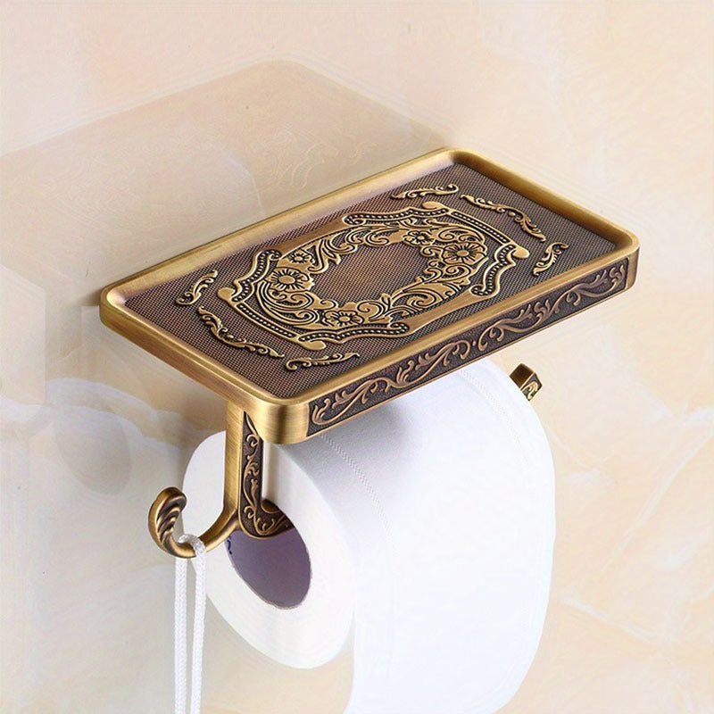 Toilet Paper Holder with Shelf Antique Brass Vintage Wall Mounted - Self-Adhesive No Drill Tissue Roll Dispenser with Storage Ledge, Elegant Bathroom Accessory in Golden & White, 1pc or 2pcs
