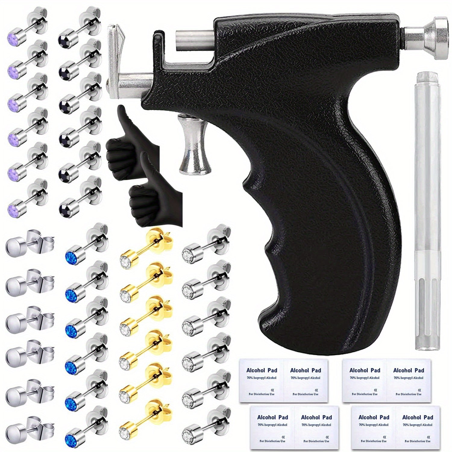Professional Ear Piercing Kit - 36pcs CZ Diamond & Stainless Steel Stud Earrings with Reusable Piercing Gun, Alcohol Pads, Gloves & Marking Pen for Home and Salon Use