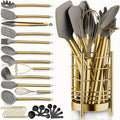 Kitchen Utensil Set 38 Piece Gold Stainless Steel with Silicone Heads Utensil Holder Measuring Cups Spoons Hooks BPA-Free Dishwasher Safe Complete Cooking Tool Set