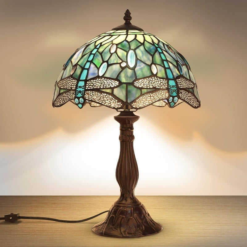 Stained Glass Table Lamp Dragonfly Design - Tiffany Style Bedside Lamp with Colorful Art Glass Shade, 18-Inch LED Night Light for Bedroom Nightstand Living Room Reading Desk Home Decor