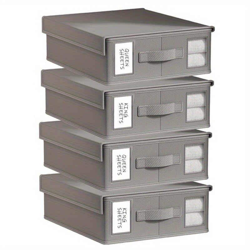 Bed Sheet Storage Organizer Boxes 4-Pack Foldable Fabric Bins with Clear Window & Label, Closet Bedding Storage Box for Sheets Duvet Covers Blankets Pillowcases, Oxford or Non-Woven, Grey Beige
