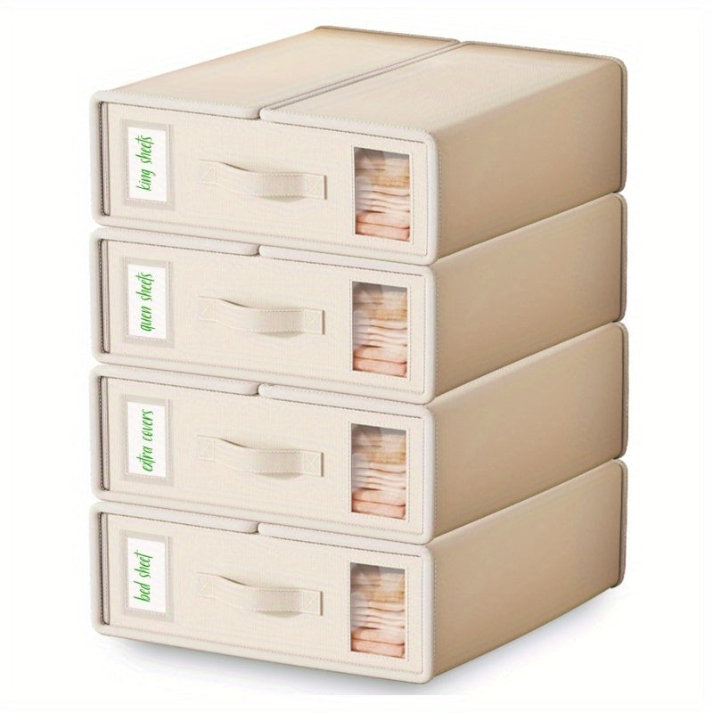 Bed Sheet Storage Organizer Boxes 4-Pack Foldable Fabric Bins with Clear Window & Label, Closet Bedding Storage Box for Sheets Duvet Covers Blankets Pillowcases, Oxford or Non-Woven, Grey Beige