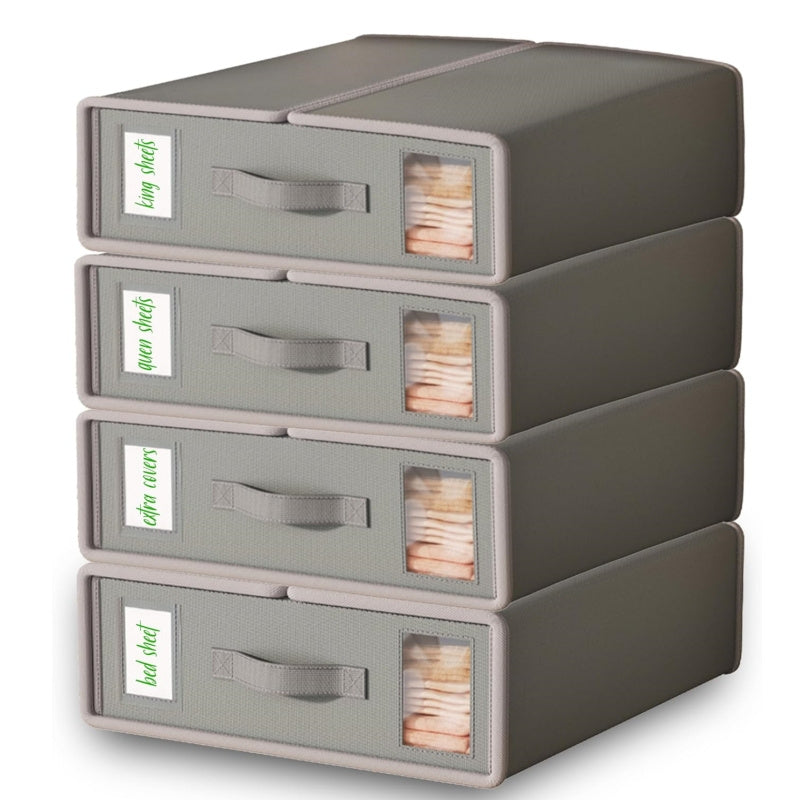 Bed Sheet Storage Organizer Boxes 4-Pack Foldable Fabric Bins with Clear Window & Label, Closet Bedding Storage Box for Sheets Duvet Covers Blankets Pillowcases, Oxford or Non-Woven, Grey Beige