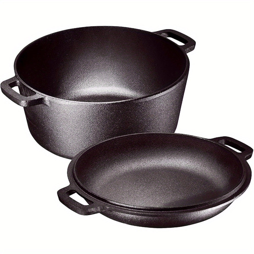 Cast Iron Dutch Oven 5 Quart Pre-Seasoned with Skillet Lid | 2-in-1 Non-Stick Crock Pot with Handles for Braising, Roasting & Casserole ¨C All-in-One Cookware, Black
