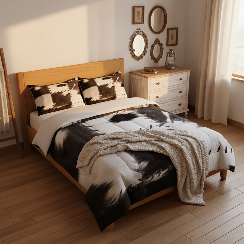 Cowhide Print Comforter Set 2/3pcs, Farmhouse Western Faux Animal Fur Bedding, Patchwork Cow Skin Quilt Set for All Beds, Soft Cozy Grey White