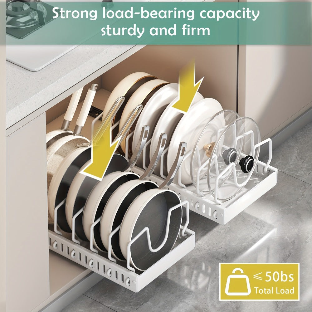 Pull Out Pot Lid Organizer Rack 2pcs Under Cabinet Pots and Pans Organizer, 8 Adjustable Dividers Slide Out Kitchen Cabinet Cookware Baking Sheet Holder, Drill-Free Easy Install