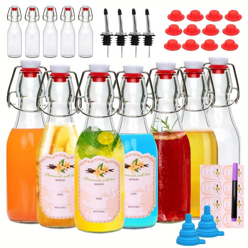 Glass Swing Top Bottles 8.45oz ¨C Round Iron Clasp Airtight Bottle Set with Funnel for Juice, Kombucha, Syrup & Oil Storage, Reusable Flip Cap Glass Bottles (6, 9, 12 or 18 Pack)