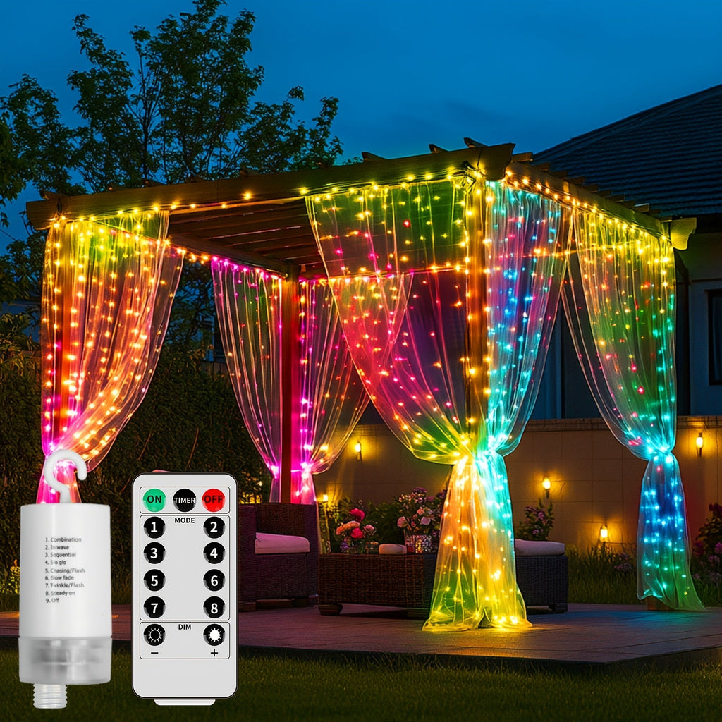 Curtain Lights for Gazebo Outdoor, 330 LED 10ft x 10ft Waterfall Fairy Lights Battery Operated with Remote, IP65 Waterproof Hanging String Lights with 8 Modes for Bedroom Porch Patio Wedding Decoration