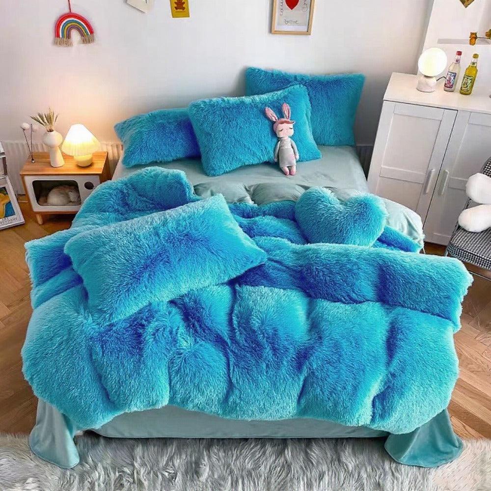Faux Fur Duvet Cover Set Twin Queen King Super Soft Plush Comforter Cover with Pillowcases Heart Pillow for Kids Teens Machine Washable Bedroom Decor